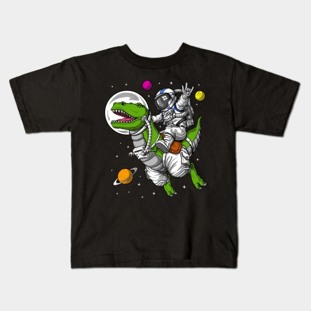 Space Astronaut Riding T-Rex Dinosaur Kids T-Shirt by underheaven